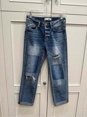 VERVET-Patchwork Distressed Boyfriend Jeans - Blue